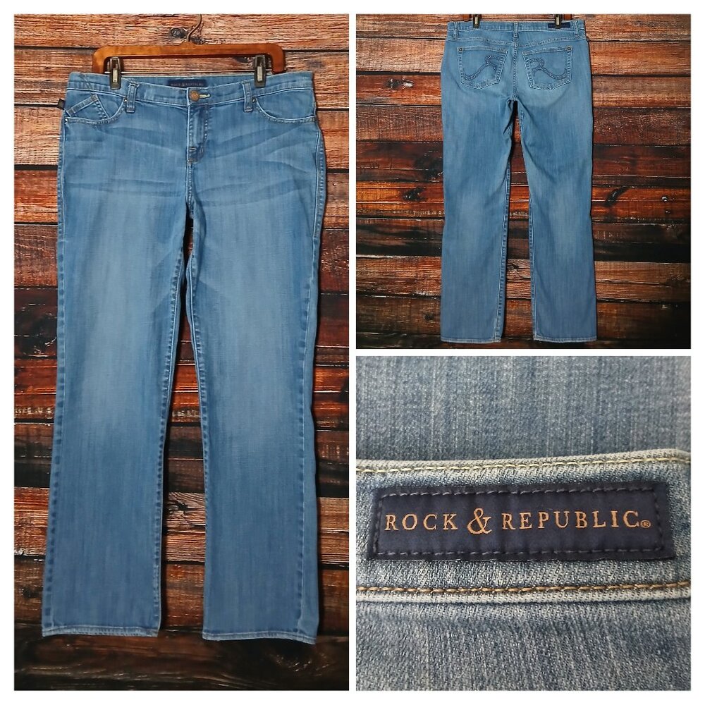 Rock & Republic Jeans 16 Sadie Straight Embellished Mid Rise Blue Denim Stretch